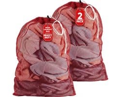 Waszakken van mesh 61 cm x 91 cm groot, duurzaam, machinewasbaar met veilige trekkoordsluiting, perfect voor studentenwoningen, wasserettes, appartementen (rood), 2 stuks