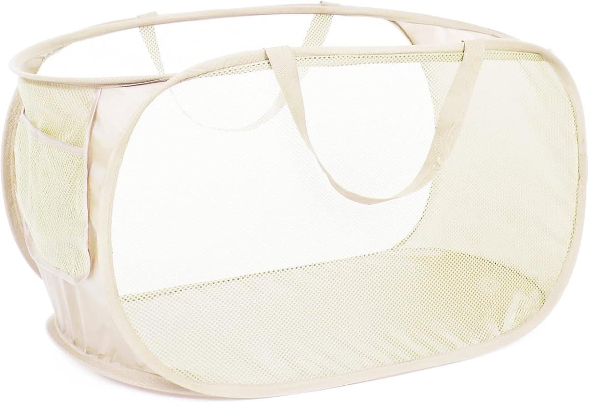 Opvouwbare wasmand - Mesh Eye pop-up met zijzakken - met versterkte handvat - geschikt voor waskamer kinderkamer slaapzaal - beige - 60 * 34 * 34cm — afbeelding 1