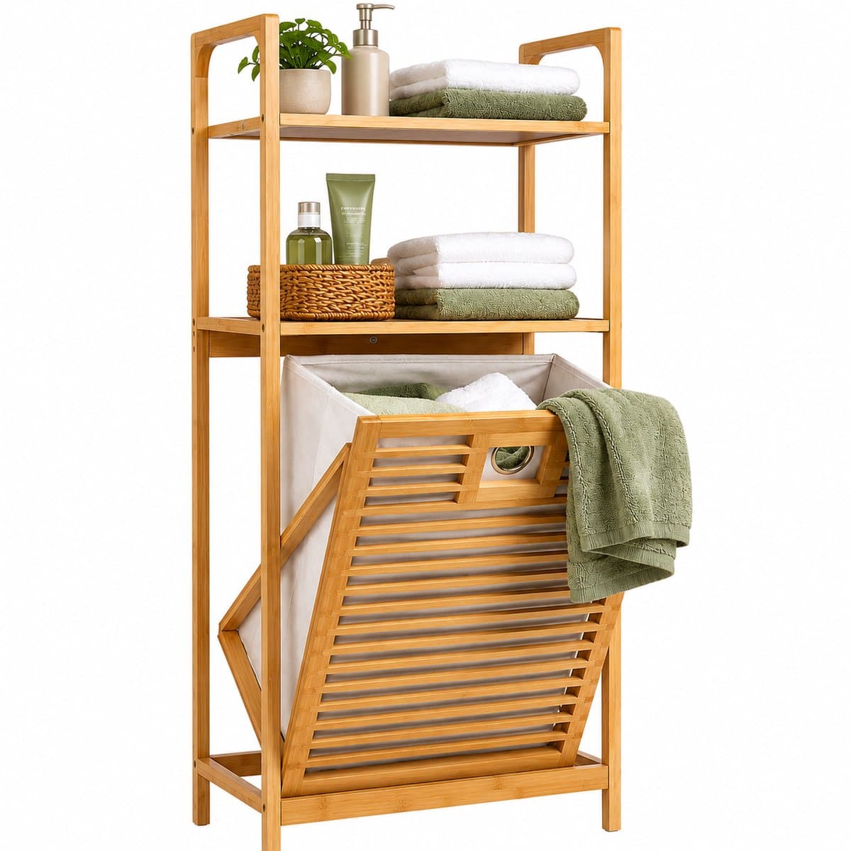 HEM Bamboe Badkamerrek met Wasmand 40x30x95 cm - Wasmandrek met 2 Opbergplanken - Badkamer Organizer - Inclusief Microvezeldoekje — afbeelding 1