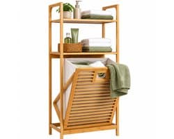 HEM Bamboe Badkamerrek met Wasmand 40x30x95 cm - Wasmandrek met 2 Opbergplanken - Badkamer Organizer - Inclusief Microvezeldoekje