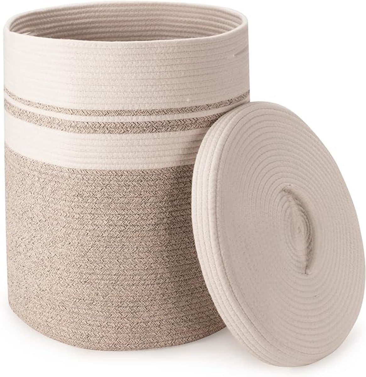 Grote Katoenen Touw Wasmand met Deksel 58L Opvouwbare Geweven Opbergmand, Holle Handgreep, Geschikt voor Woonkamer, Slaapkamer, Wasruimte, voor Kussens, Dekens, Handdoeken 38 x 50cm (Bruin) — afbeelding 1