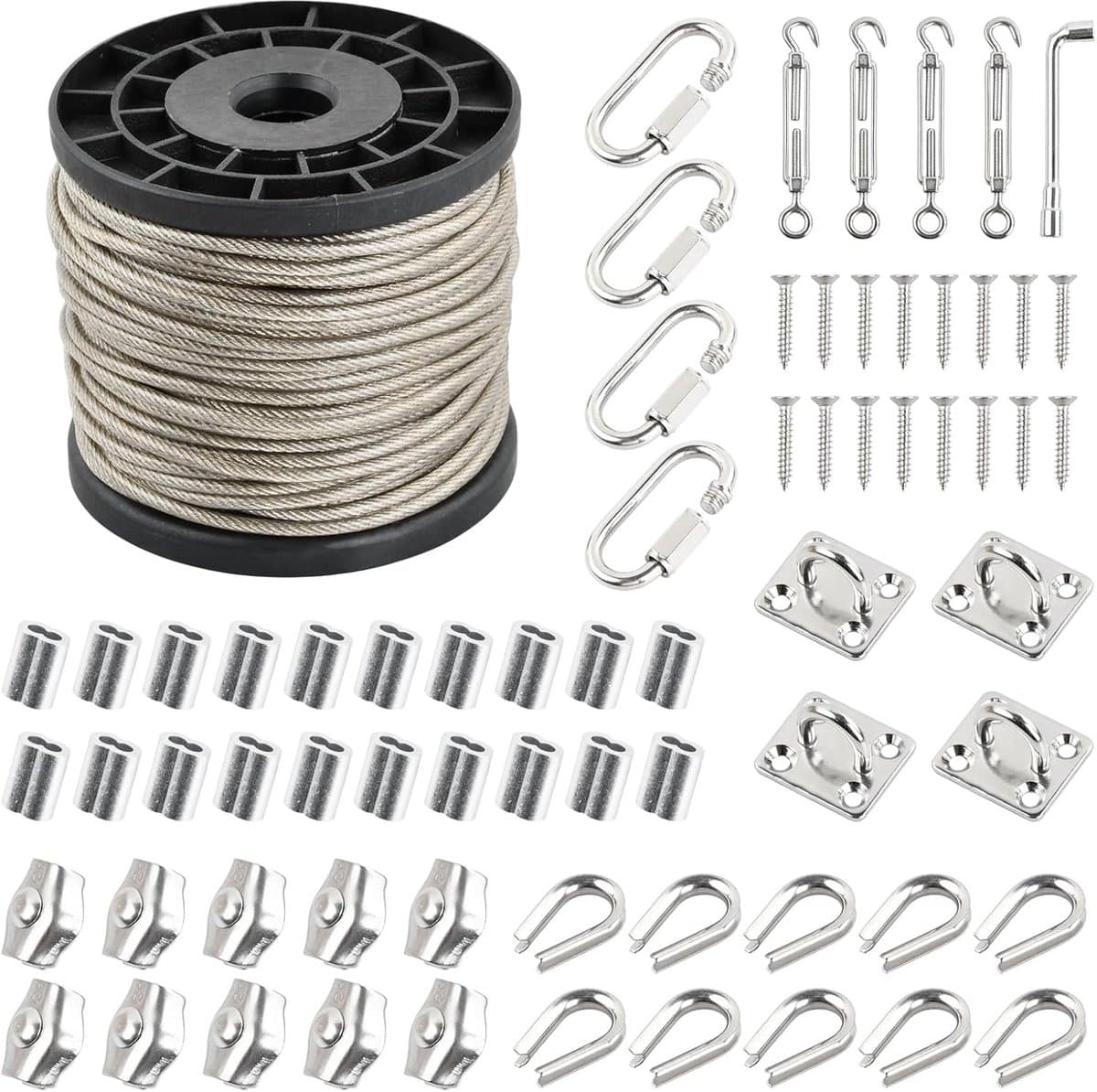 SnelShoppen - 70-delige Waslijn Set 30 m Flexibele Stalen Kabel met 20 Aluminium Moffen, 4 Spanners, 4 Carabiners, PVC Gecoat voor Buiten, Tuin, Campi — afbeelding 1