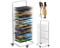 SnelShoppen - Heavy Duty Kunst Schilderij Droogrek - Metaal Droogstand met 25 Verwijderbare Planken - Mobiele Canvas Opslag met Slotwielen voor Klasc