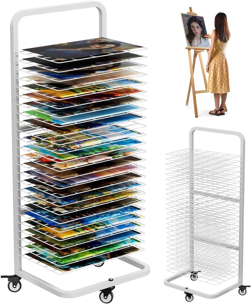 SnelShoppen - Heavy Duty Kunst Schilderij Droogrek - Metaal Droogstand met 25 Verwijderbare Planken - Mobiele Canvas Opslag met Slotwielen voor Klasc — afbeelding 1
