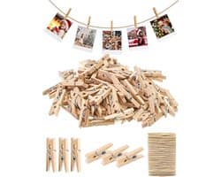 150x Houten Mini Wasknijpers met Jute Touw - Kleine Clips voor Foto's, Decoratie en Knutselen — afbeelding 1