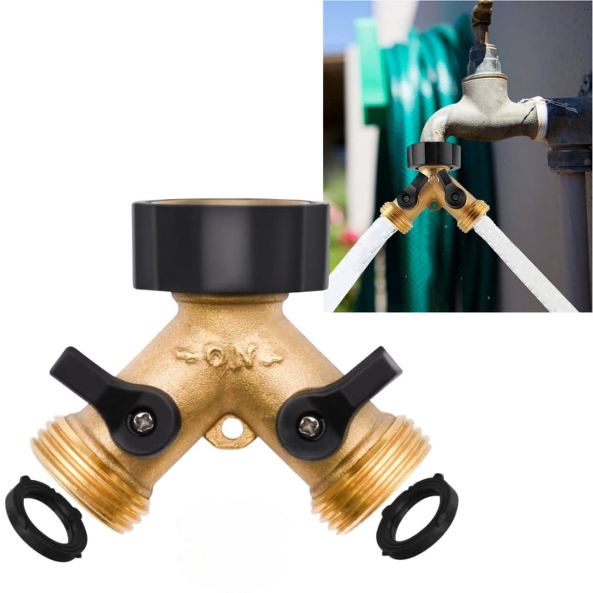 1 set - Flexibele slangverdeler - Tweewegs waterverdeling - Adapterklep - Aansluiting - 7,6*5,8 cm-1,905 cm interface - Meerwegs waterleiding voor tuingebruik - Messingkleur — afbeelding 1