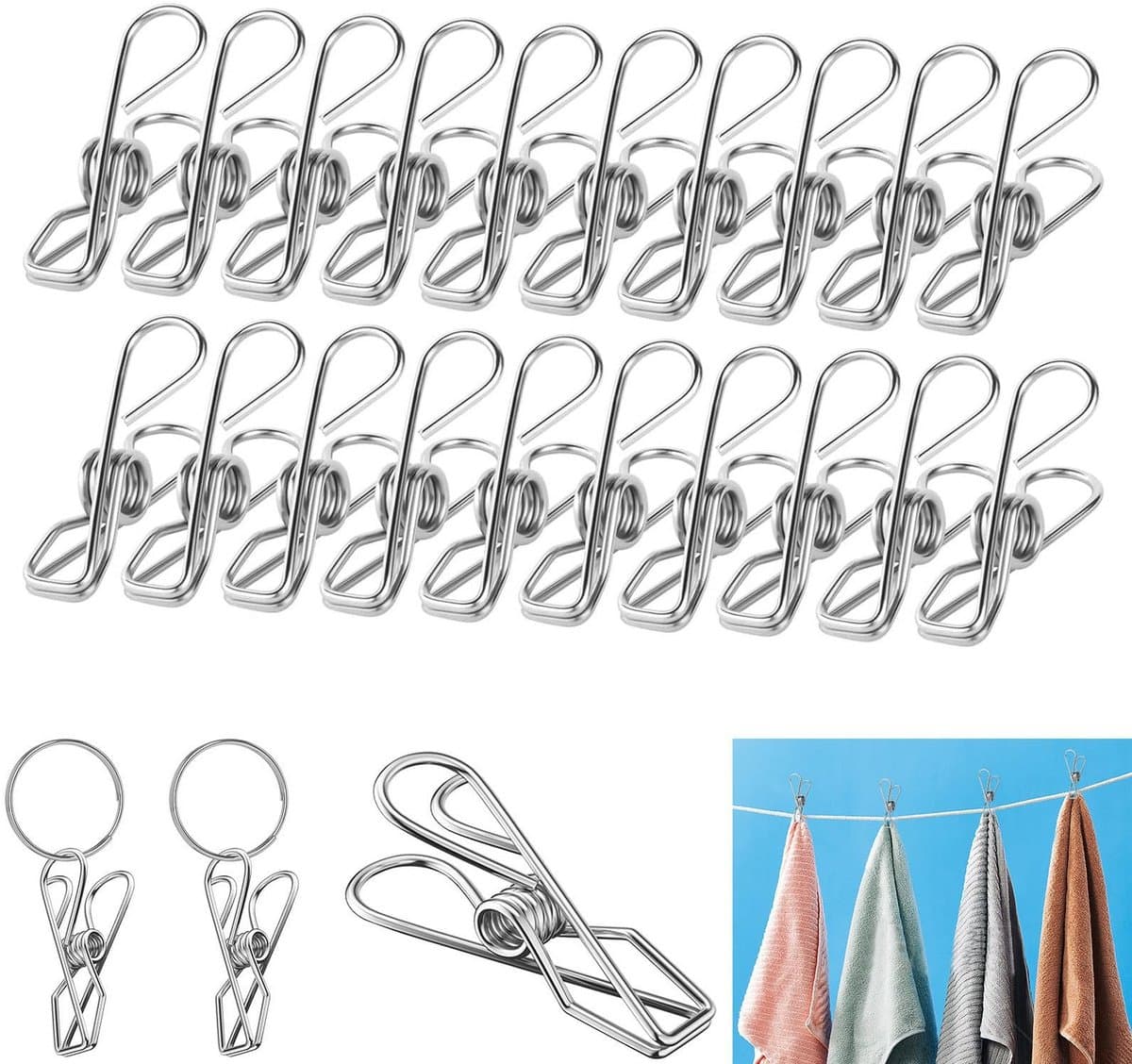 Dailygoods- Wasknijpers 100 Stuks - Roestvrij Staal - Sleutelringen — afbeelding 1