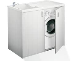 Wasmachinekast met Wastafel - Waskast Hars - Opbergen Wasruimte - Omkeerbaar Bekken - 109 x 60 x 94 cm - Wit