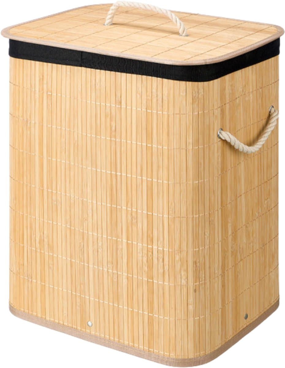 Kipit Wasmand van bamboe - zwart / bruin - 60 liter - 40 x 30 x 50 cm - met deksel - met binnendoek — afbeelding 1