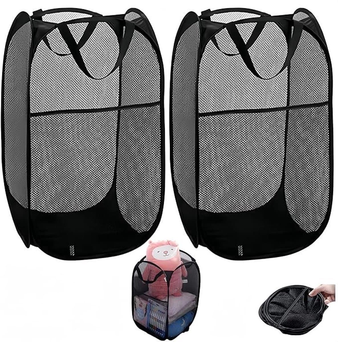 Allecta - Set van 2 Opvouwbare Zwarte Wasmanden met Handvat - Draagbare Opbergmand van Mesh - Inklapbare Pop-Up Wasmanden met 3 Zakken. — afbeelding 1