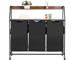 Wasmand, met 2 Niveaus met Metalen Frame en Houten Top, Rollende Mand met 3 Compartimenten, Ladderplanken en Duurzame 600D Oxford-Stoffen Tassen voor Het Sorteren van Kleding