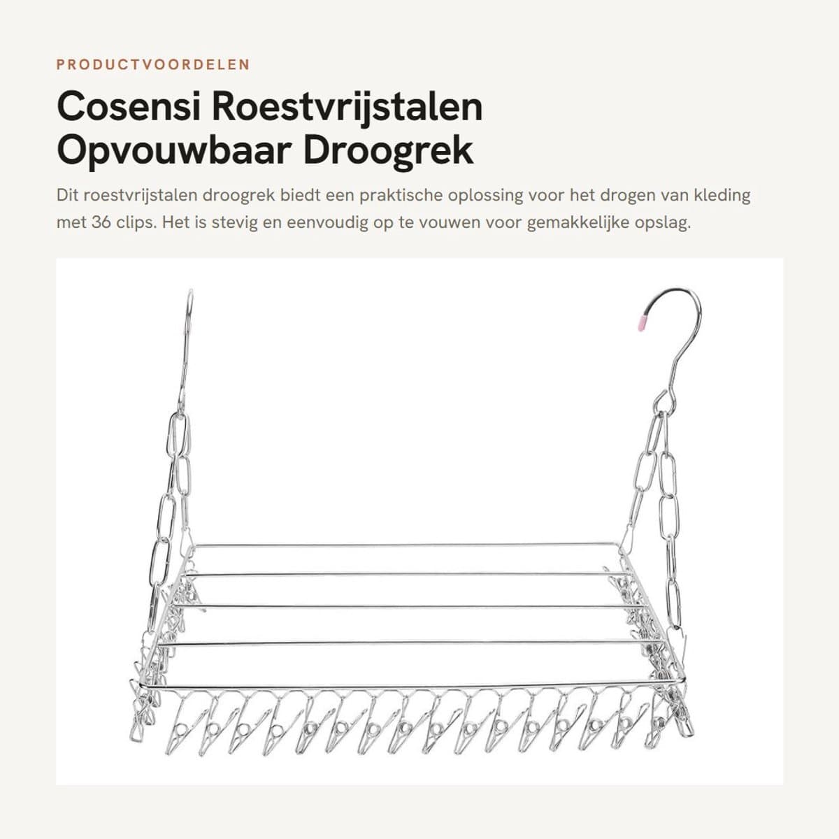 Dailygoods- Wasdroogrek Roestvrij staal - Opvouwbaar Kledingdroogrek - 36 Clips - Winddicht Hanger - Voor Handdoeken/Lingerie - 40cm Lengte - Kledinghanger — afbeelding 1