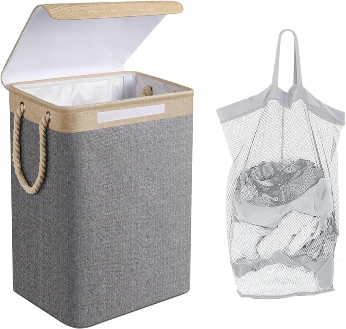 76L opvouwbare wasmand met afneembare tas, wasmanden voor wasgoed met deksel, opvouwbare kleine slanke wasmanden voor vuile kleding, wasmand met handvat voor kaki en grijs — afbeelding 1