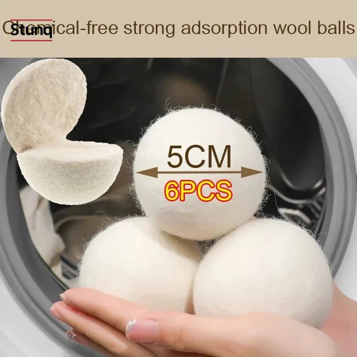 Stunq® Wollen Wasdroogballen 5 cm – 6 stuks – Herbruikbare Wasverzachter voor de Droger — afbeelding 1