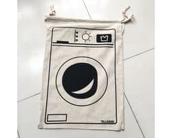 Waszak met wasmachine‑print, wasgoed‑opbergtas met trekkoord, badkamer waszak / laundry bag, wit‑zwart, afmetingen 65 × 47 cm