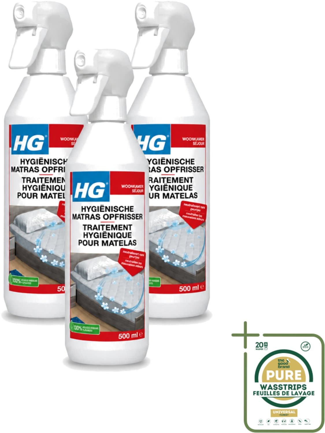 3 x HG - Hygiënische Matras Opfrisser - Werkt Na 30 Minuten - Neutraliseert Nare Geurtjes - 500 ml - Wasstrips - Matrasopfrisser - Hygiëne - Geur Verwijderen - Matras Reinigen - Enzymen — afbeelding 1