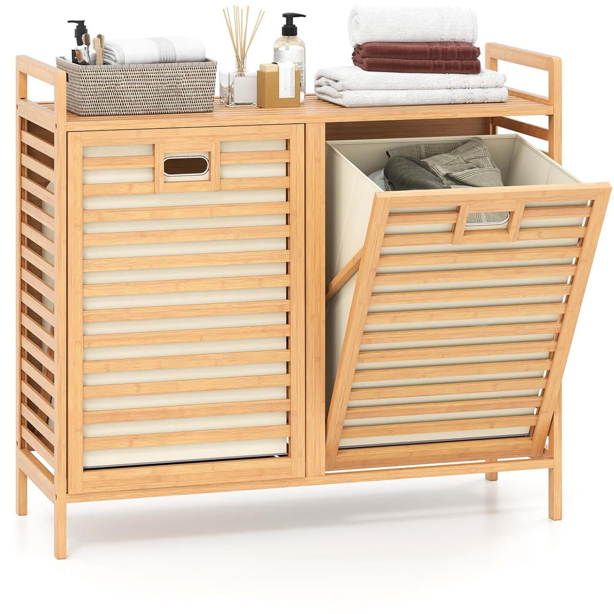 COSTWAY Dubbele wasmand, draaibaar, 75 liter, bamboe wasverzamelaar met 2 afneembare containers, handgrepen, vrijstaande badkamerkast, 80 x 30 x 72 cm, voor wasruimte, badkamer, slaapkamer — afbeelding 1