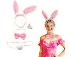 Konijnenoren en staart, pluche konijnenhoofdbandaccessoire, konijnenhoofdband voor dames voor Pasen, kinderen en volwassenen, cosplay, feest, carnaval