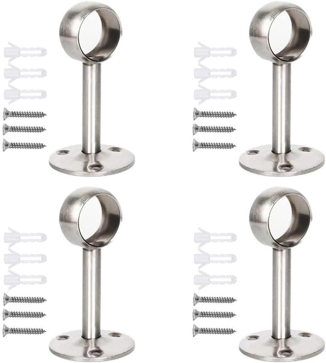 Allecto Premium - 4 stuks Roestvrijstalen Garderobe Buisflens Stanghouder Steun met Schroef en Uitbreidingstube voor Droogrek Garderobe Keukenkast (22mm Zilver) — afbeelding 1