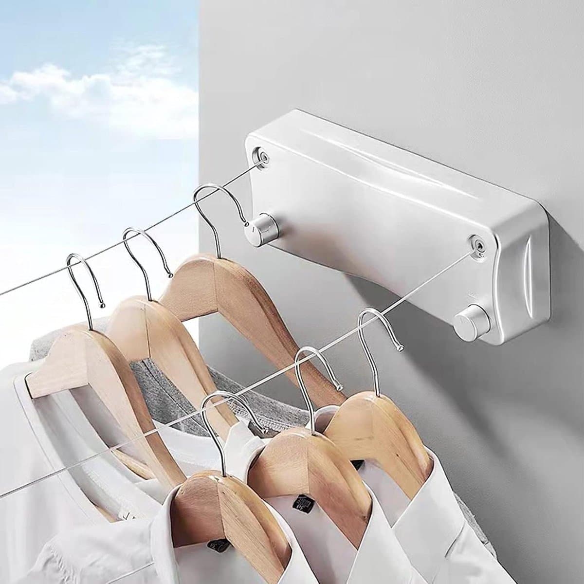 5.2m Intrekbare indoor kleding droogrek met dubbele lijn - Uitschuifbaar balkon droogrek voor muur - Geschikt voor slaapkamer, badkamer, balkon en tuin (wit) — afbeelding 1