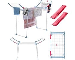 KADAX Droogrek met 18 m drooglengte, stabiele vleugeldroogdroger van roestvrij staal, inklapbaar, met antislip voeten, voor beddengoed en kleding, gemaakt in de EU (wit/blauw)