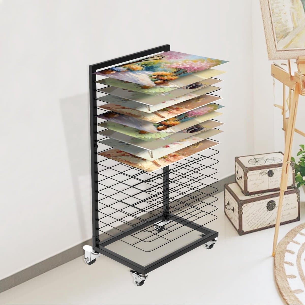 Dailygoods- Fotodroogrek Mobiel met 18 Planken - Vergrendelbare Wielen - Functioneel Design - Opbergoplossing voor Kunstwerken - Afmetingen 42 x 30 x 77 cm - Droogrek — afbeelding 1
