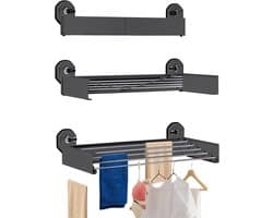 Verstelbaar Wanddroogrek zonder Boren met Zuignappen, RVS, Vouwbaar, Voor Binnengebruik, 25 kg Draagvermogen, Ideaal voor Kleding en Handdoeken