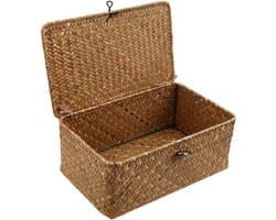 Woven Rattan Opbergmand met Deksel - Seagrass Wasmand en Make-up Organizer voor Badkamer, Woonkamer of Keuken (S)