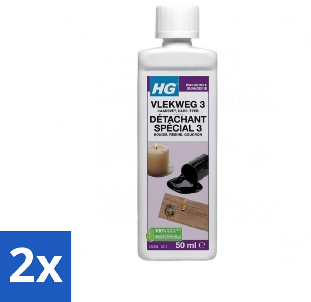 2 x HG - Wasruimte - Vlekweg 3 - Kaarsvet, Hars & Teer - 50 ml - Vlekkenverwijderaar - Kaarsvet Vlekken - Teer Vlekken - Hars Vlekken - Textiel Reiniging — afbeelding 1