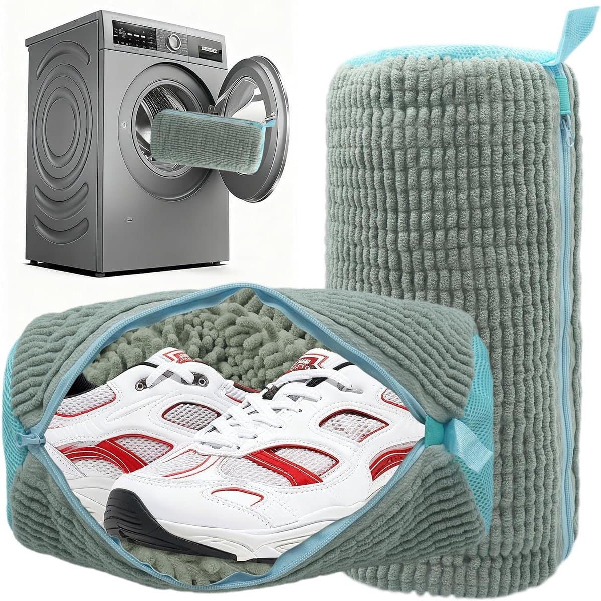 2 stuks waszakken voor schoenen in wasmachine - herbruikbaar - 360° reiniging - veilige ritssluiting - alle soorten schoenen en drogers - grijs — afbeelding 1