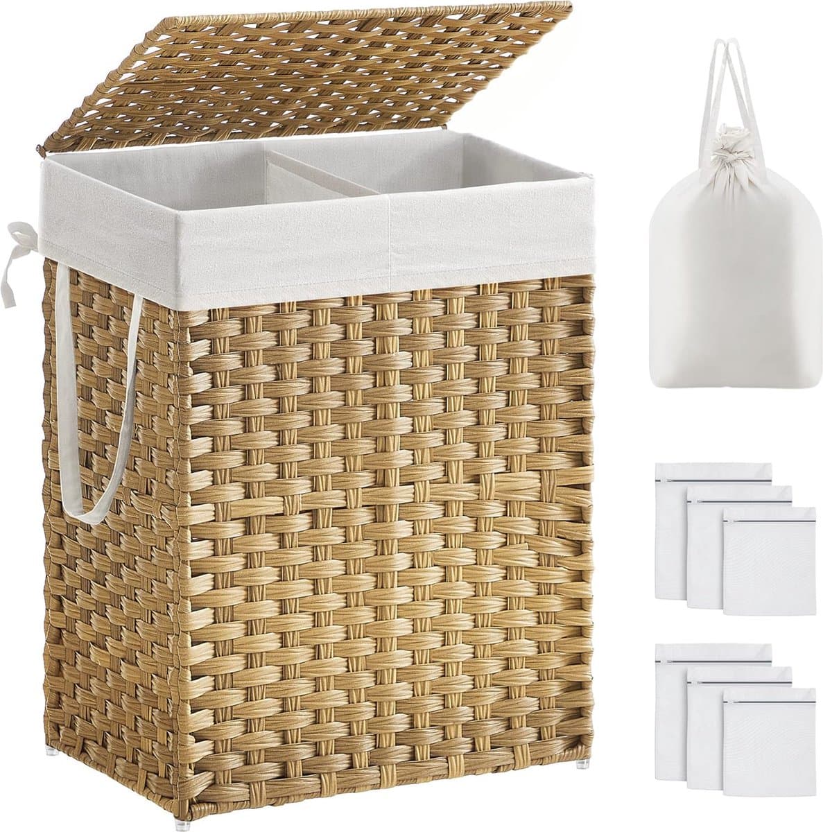 Wasmand met deksel, 90 liter, 2 vakken, uitneembare waszak met handgrepen, handgevlochten, voor slaapkamer, badkamer, 33 x 46 x 60 cm, naturel kleur — afbeelding 1