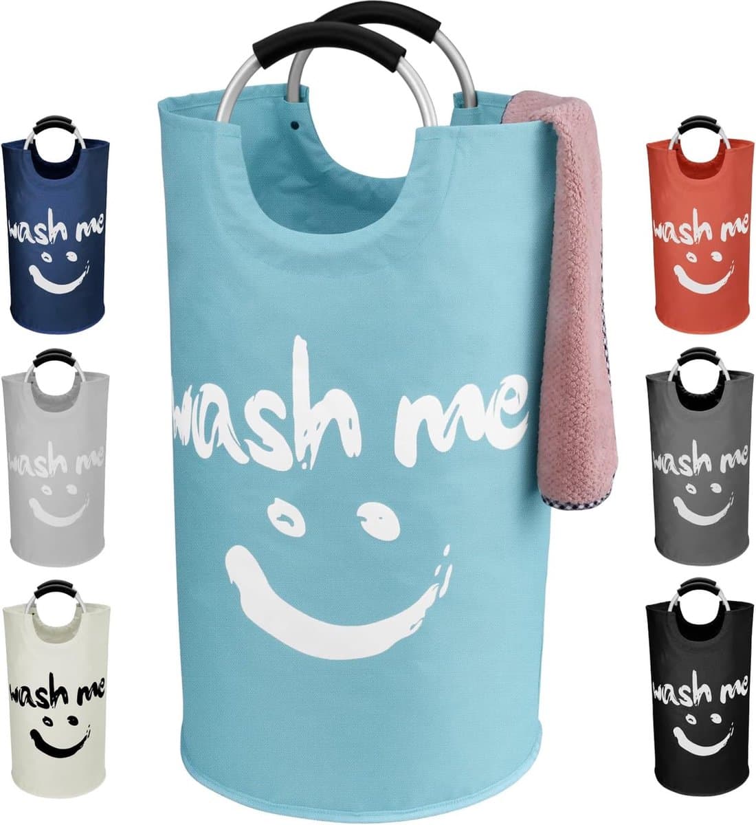 Opvouwbare wasmanden, wasmand met aluminium handvat, grote wasverzamelaar, rijst waszak, waszak, rechts op opbergzakken voor binnen in gebouwen, 43 x 43 x 79 cm, blauw, 115 l — afbeelding 1