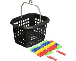 Wasknijpers ophang mandje/bakje - zwart - met 48x plastic knijpers — afbeelding 1