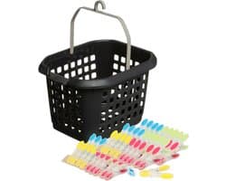 Wasknijpers ophang mandje/bakje - zwart - met 60x plastic soft grip knijpers
