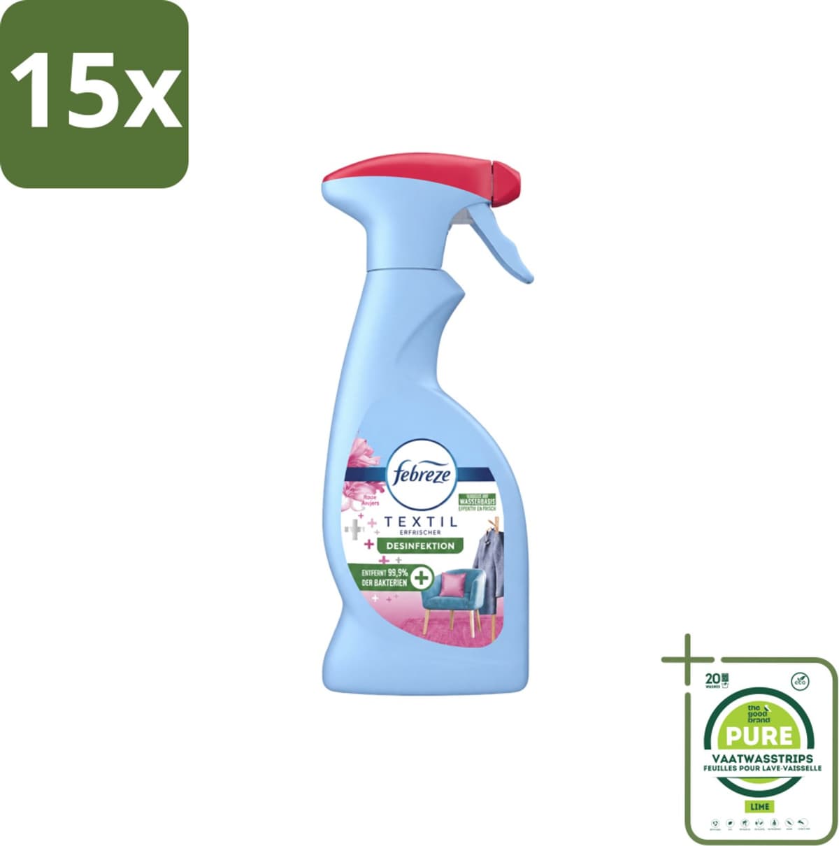 15 x Febreze – Textielspray – Roze Anjers – 375 ml - Grootverpakking - Vaatwasstrips - Textielgeur - Textielverzorging - Geurverwijdering - Textielspray - Roze Anjers — afbeelding 1