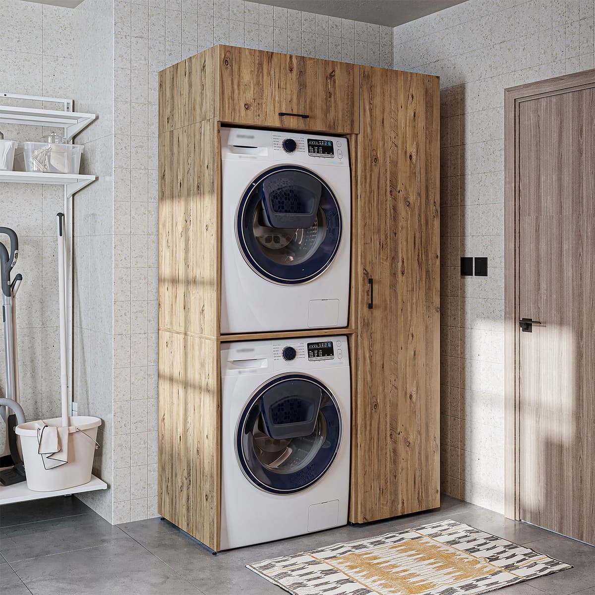 Roomart DUO-I Wasmachine Ombouwkast 112x205 cm - met Hoge Kast 45 - Eiken — afbeelding 1