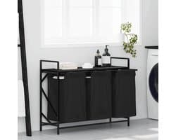 Wasmand – Laundry Basket – Wasbak – Wasbox – Laundry Hamper – 3 Compartiments – Zwart Eikenhout – Stalen Frame – Met Opbergrek
