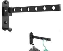 1 Stuk – Opvouwbare wandkledinghanger – Wanddroogrek – Inklapbare hanger – Ruimtebesparende hanger – Zwart – 6 gaten – 25 cm – Geschikt voor binnen en buiten – Ideaal voor badkamers, slaapkamers, hotels en balkons