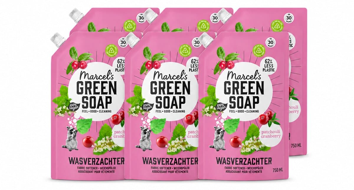 6 x Marcel’s Green Soap – Wasverzachter – Patchouli & Cranberry - Navulling – 750 ml - Voordeelverpakking - 6 stuks — afbeelding 1