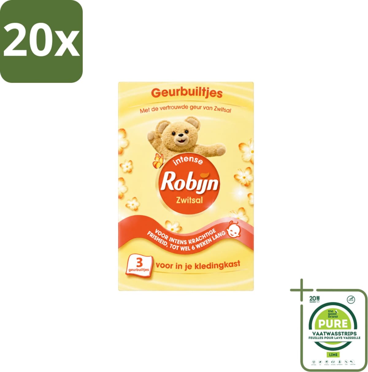 20 x Robijn - Zwitsal - Geurbuiltjes - Zachte Babygeur - Hypoallergeen - 3 Geurbuiltjes - Grootverpakking - Vaatwasstrips - Zwitsal Geur - Geurbuiltjes - Babygeur - Kledingkast - Lade — afbeelding 1
