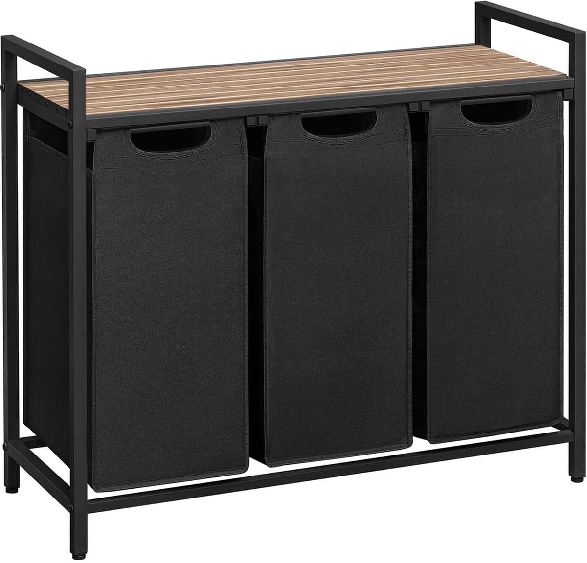 Wasmand Wasgoedmand 87,7 x 33 x 72 cm Zwart+bruin 3 vakken van 40 L voor gescheiden opbergen Met verstelbare poten, uittrekbare en afneembare binnenzak, zijvak en roosterplank Gemakkelijk te monteren en reinigen Geschikt voor wasruimte en badkamer — afbeelding 1
