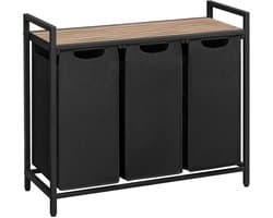 Wasmand Wasgoedmand 87,7 x 33 x 72 cm Zwart+bruin 3 vakken van 40 L voor gescheiden opbergen Met verstelbare poten, uittrekbare en afneembare binnenzak, zijvak en roosterplank Gemakkelijk te monteren en reinigen Geschikt voor wasruimte en badkamer