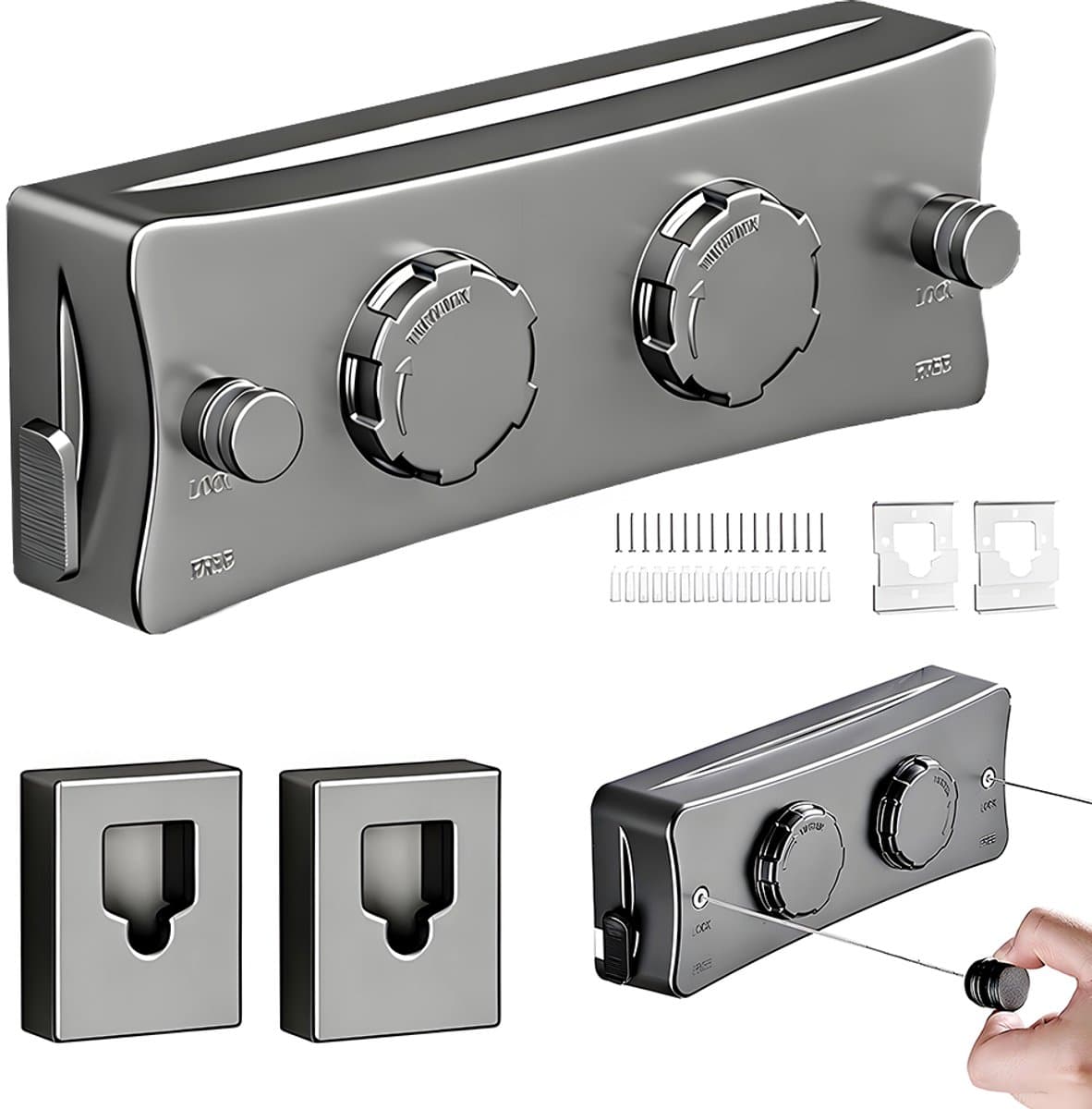 Waslijn - Uitschuifbare waslijn - Waslijn voor binnen - Wandgemonteerd kledingrek - Geschikt voor hotels, badkamers en balkons - Dubbele lijn - Duurzaam - Geen boren nodig - Lengte 5,1 meter - 27*9*4,5 cm - Gunmetalgrijs — afbeelding 1