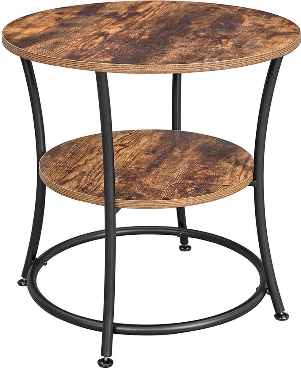 Bijzettafel - rond - 2 planken - diameter 55 cm - zwart met bruin - metaal en houtlook — afbeelding 1
