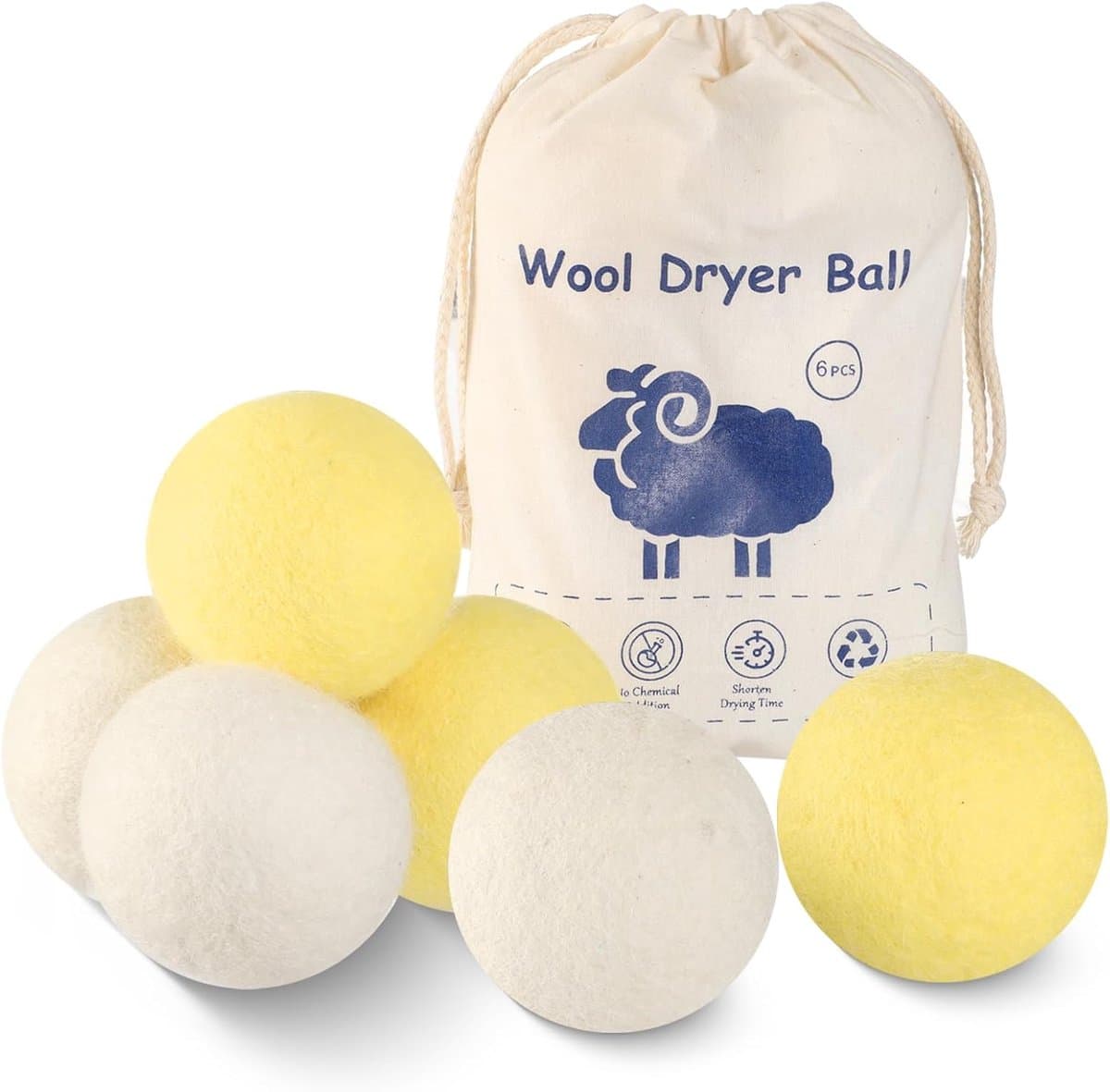SnelShoppen - Wool Drying Balls XL 6-Pack Natuurlijke Wol Droogballen, Organisch, Herbruikbaar, Vermindert Kreukels en Droogtijd, Eco-vriendelijk — afbeelding 1