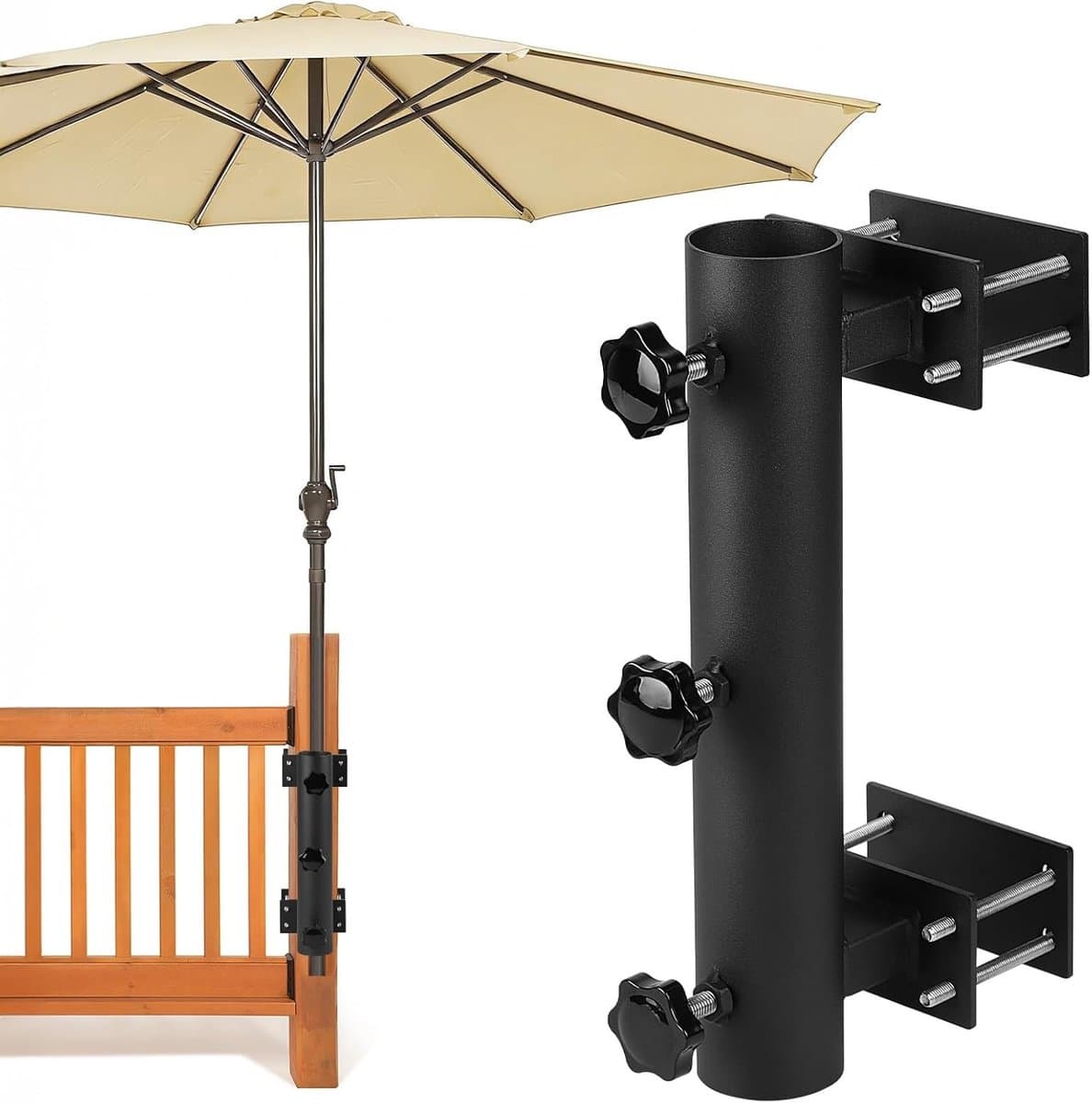 Parasolhouder voor balkon - Zwart - Verstelbare klembevestiging en schroefmontage - Duurzame buitenhouder voor parasols met 3-4,5 cm diameter — afbeelding 1