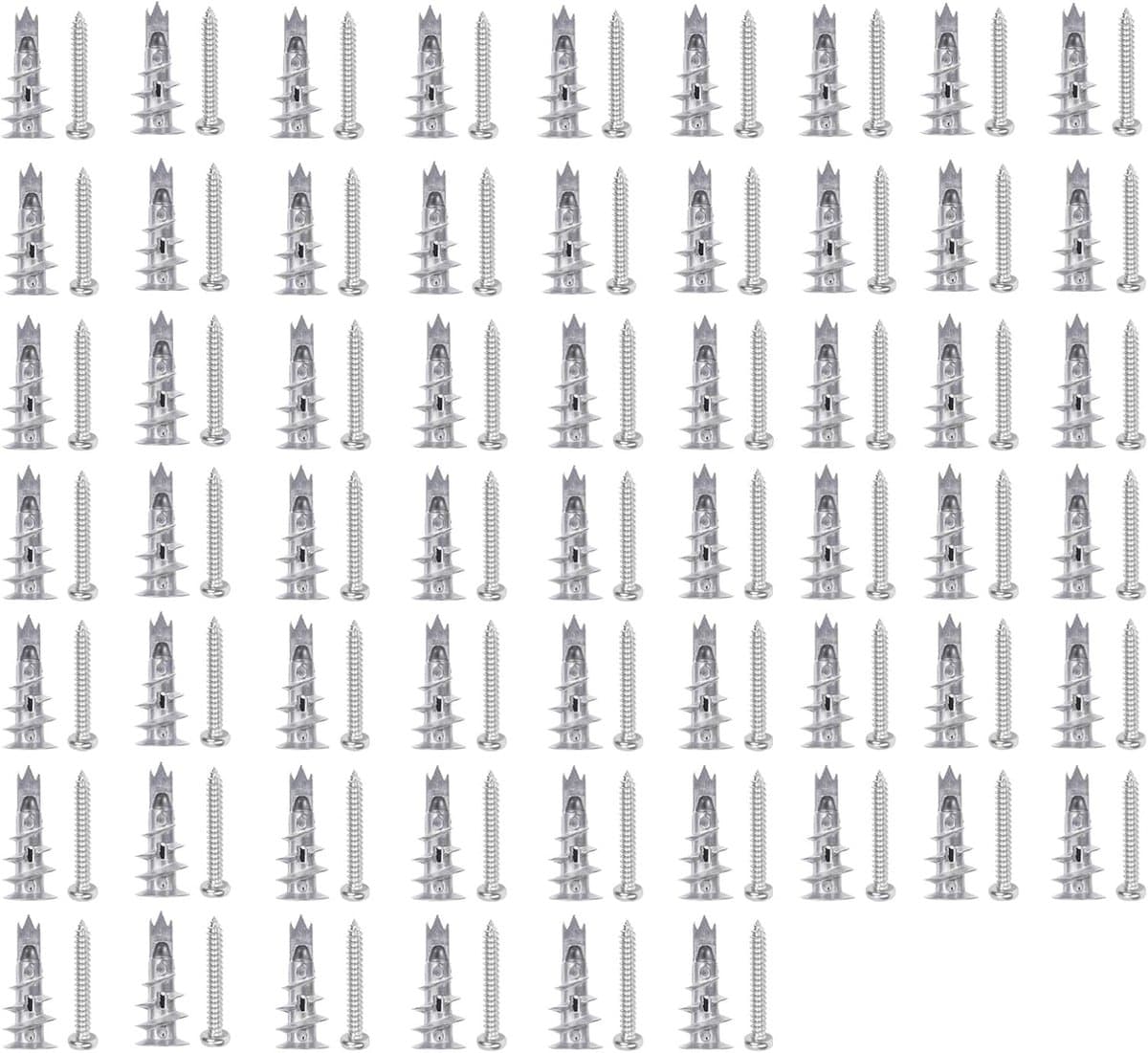 60 stuks zelfborende gipsplaatpluggen met 50 schroeven, constructie van verzinkt staal, zelftappend design, corrosiebestendig voor beton, gipsplaat, metselwerk (zilver-60) — afbeelding 1