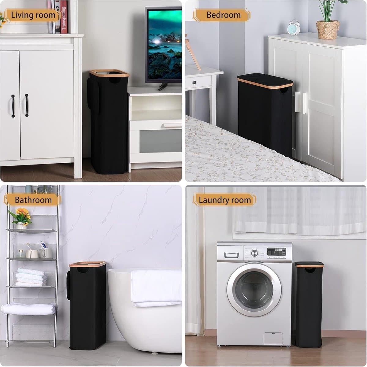Wasmand 60 Liter met Deksel - Smalle Kledingmand - Opvouwbare Wasmand met Wasbare Uitneembare Binnenzak - Voor Badkamer Slaapkamer en Wasruimte - Zwart — afbeelding 1