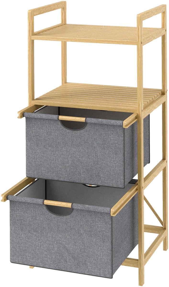 Bamboe wasrek met 2 stoffen wasmanden-open schappen-ruimtebesparend-natuurlijk hout — afbeelding 1