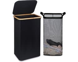 Wasmand met deksel, 100 liter hoge wasmand met bamboe handvat en binnenzak, opvouwbare grote XXL wasmandverzamelaar, wasmand voor slaapkamer, badkamer, zwart